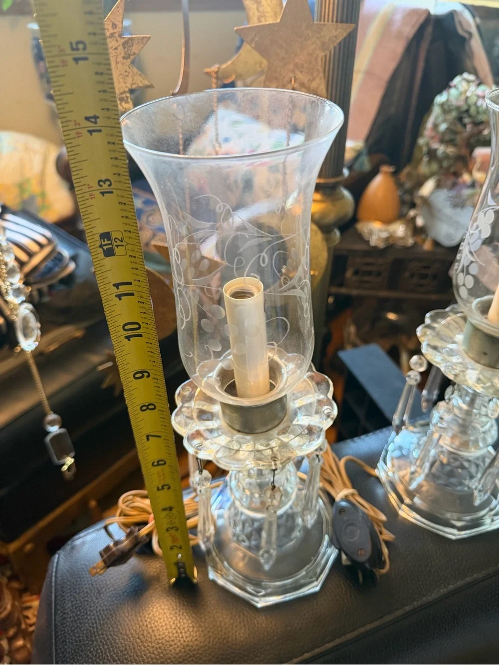 Antique Crystal Hurricane Table Lamps with Etched Shades & Crystal Prisms